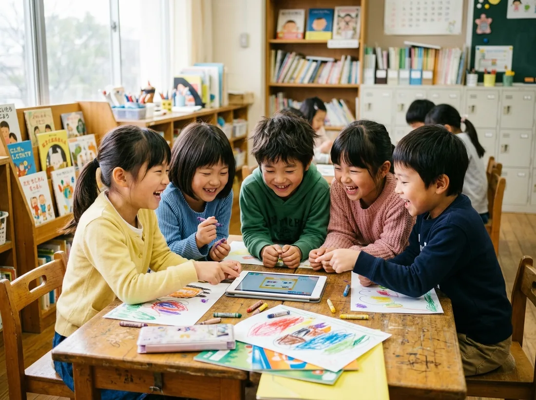 教室で子どもたちが描いた絵やタブレットを囲んで楽しむ様子